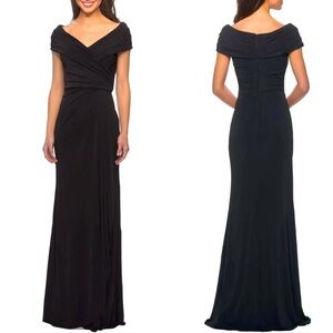 La Femme Black Off-the-Shoulder Ruched Wrap Maxi Dress